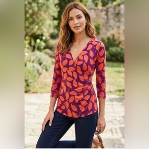 Boden Leaf Print Faux Wrap Surplice Ruched Waist Blouse Size 8R